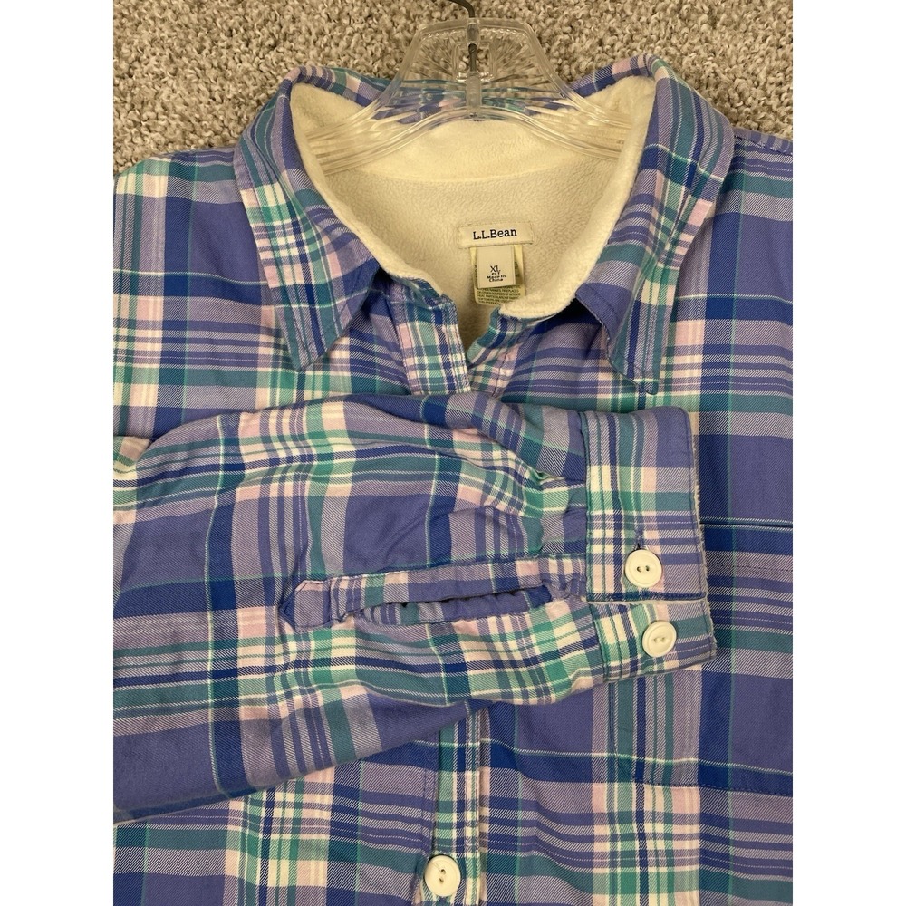 LL Bean Fleece Lined Button Flannel Long Sleeve Shirt Plaid Blue Grey Size XL
